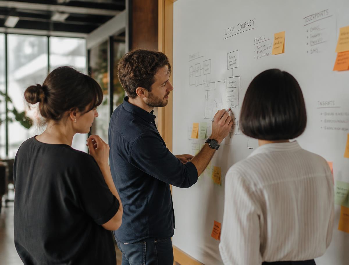 Business analysts mapping a customer journey on a whiteboard during a working session